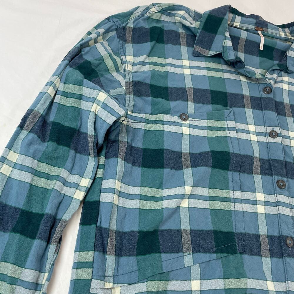 Free People Blue Plaid Raw Hem Oversized Flannel Button Down Top Large Women - Picture 5 of 7